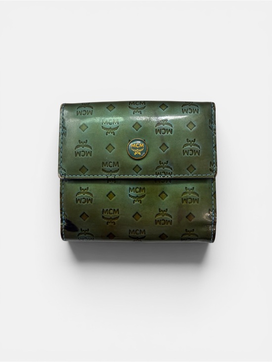 MCM Handbags - MCM Olive Green Monogram Leather Wallet with Gold Button